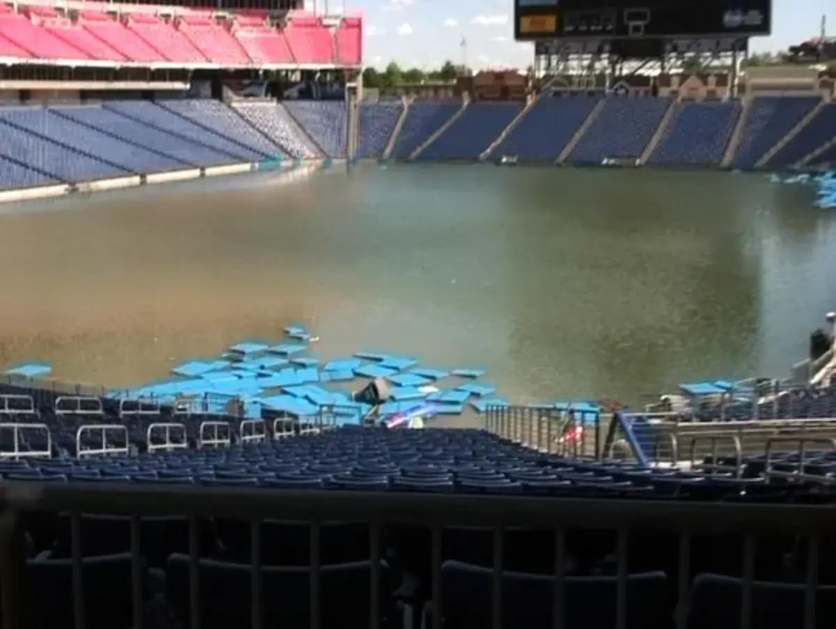 A flooded playing surface inside L.P. Field.